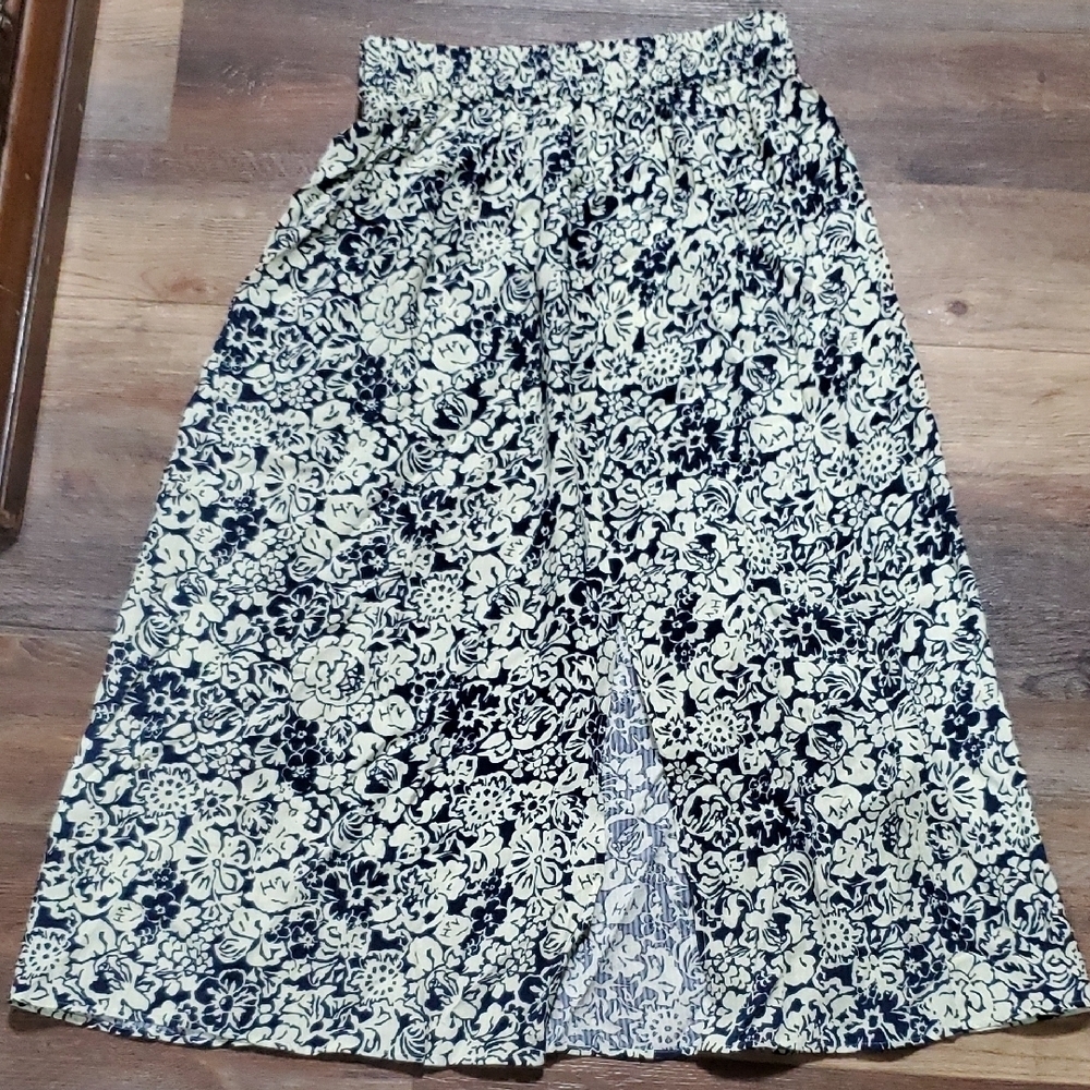 Whistles Blue and Cream Floral A-Line Skirt Front Split